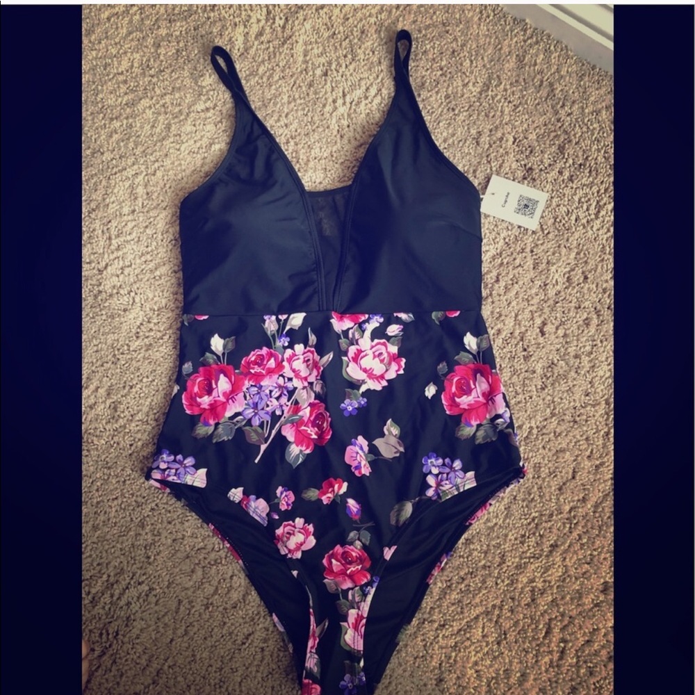 Black and pink floral one piece swim suit